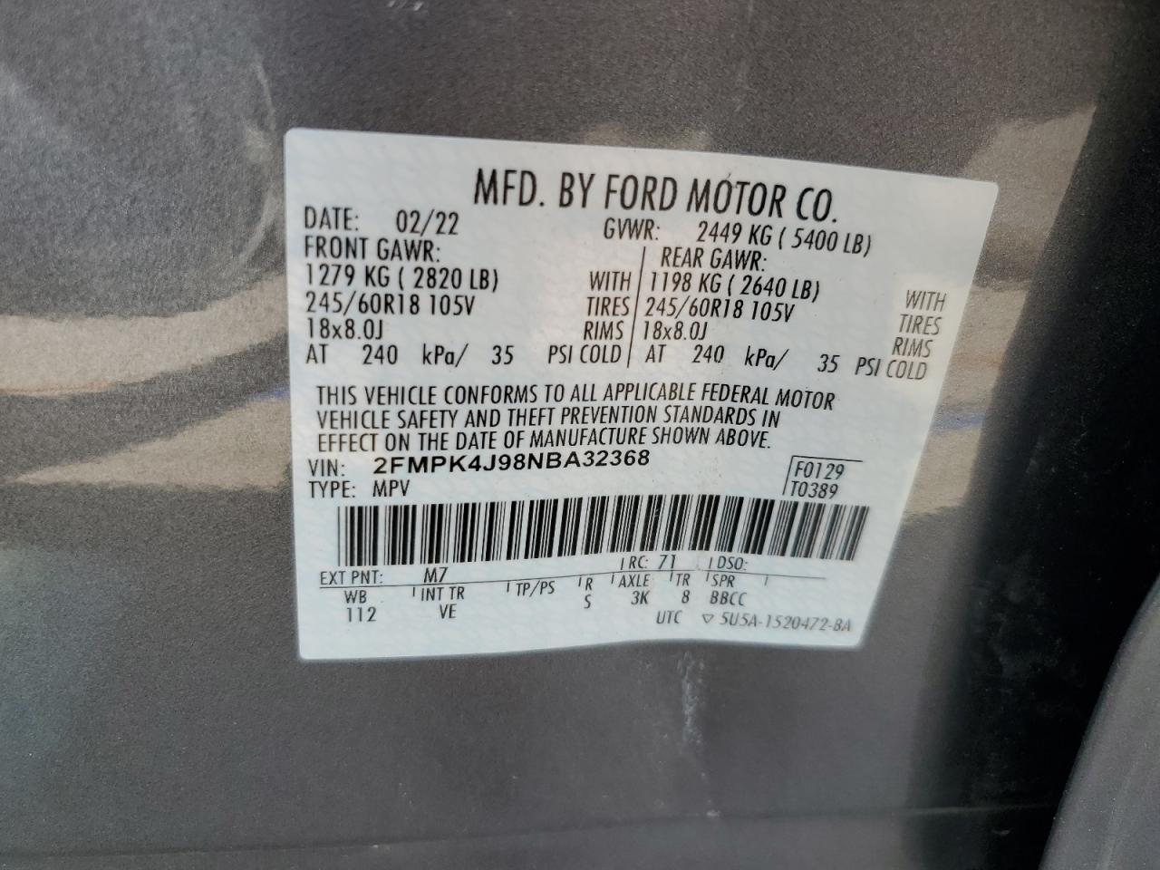 2022 Ford Edge Sel VIN: 2FMPK4J98NBA32368 Lot: 61431315