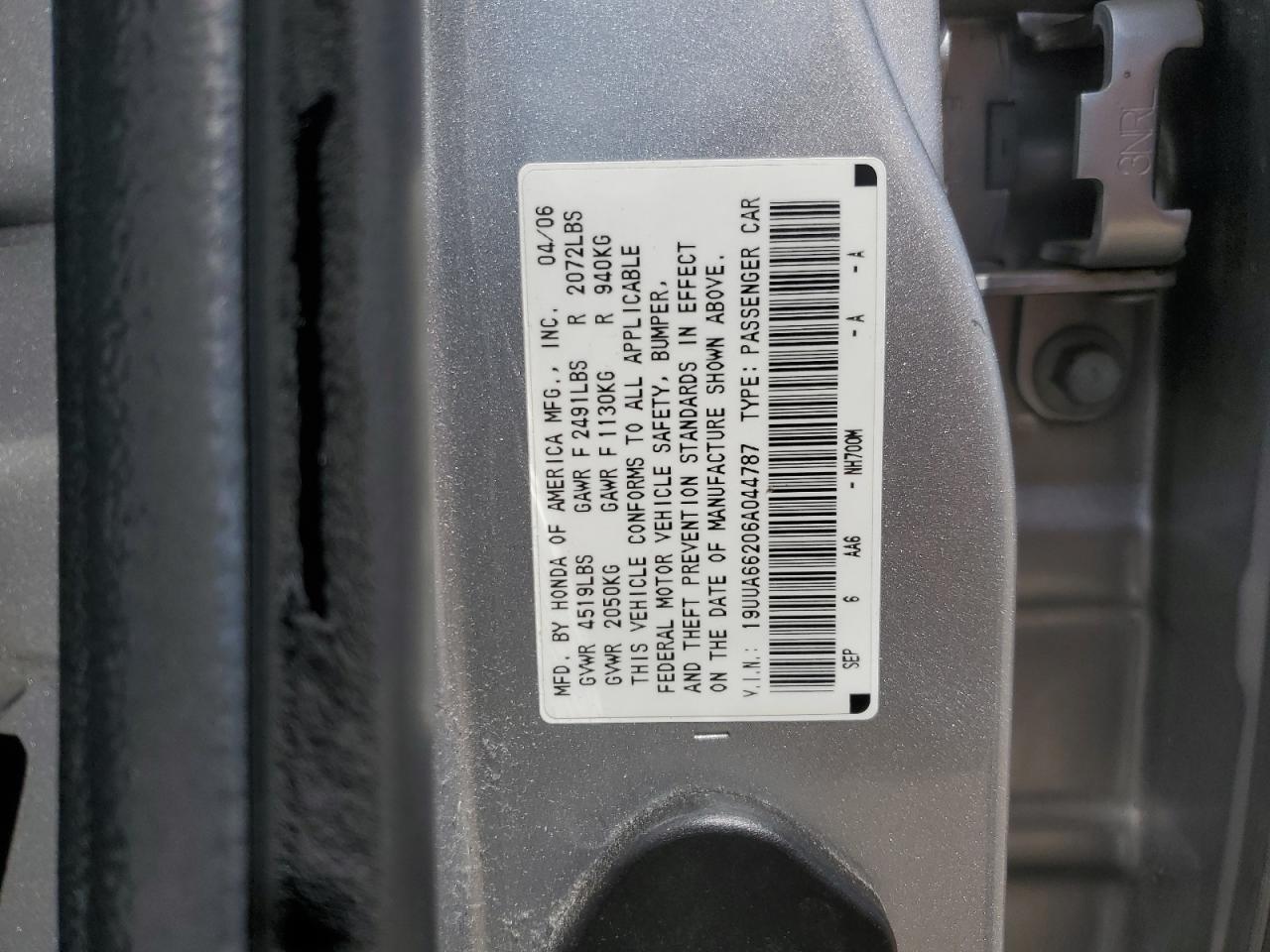 2006 Acura 3.2Tl VIN: 19UUA66206A044787 Lot: 61950645