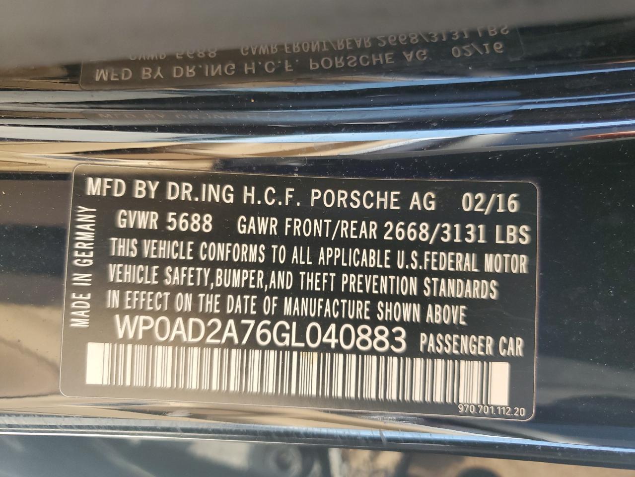 2016 Porsche Panamera Se Hybrid VIN: WP0AD2A76GL040883 Lot: 62863785