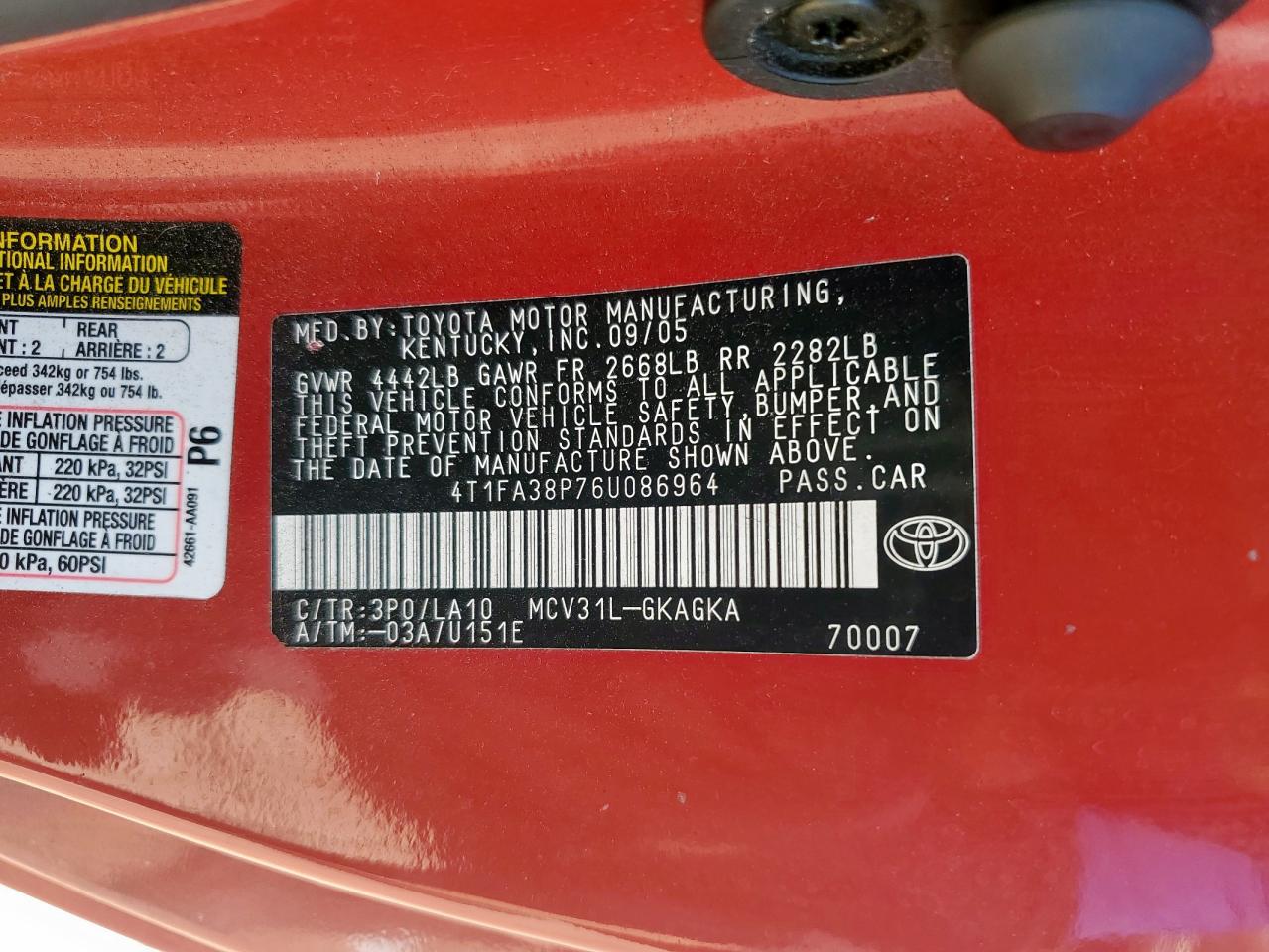 2006 Toyota Camry Solara Se VIN: 4T1FA38P76U086964 Lot: 62494985