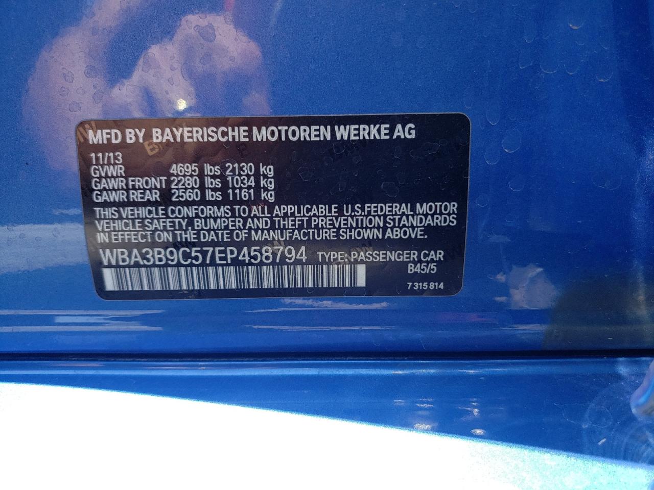 2014 BMW 335 Xi VIN: WBA3B9C57EP458794 Lot: 63159595