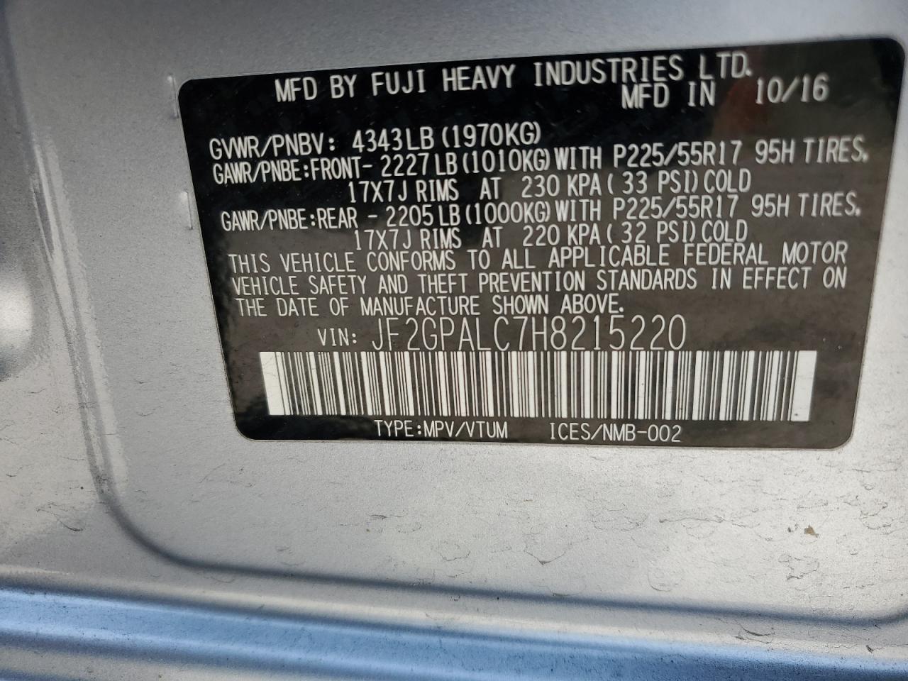 2017 Subaru Crosstrek Limited VIN: JF2GPALC7H8215220 Lot: 59282915