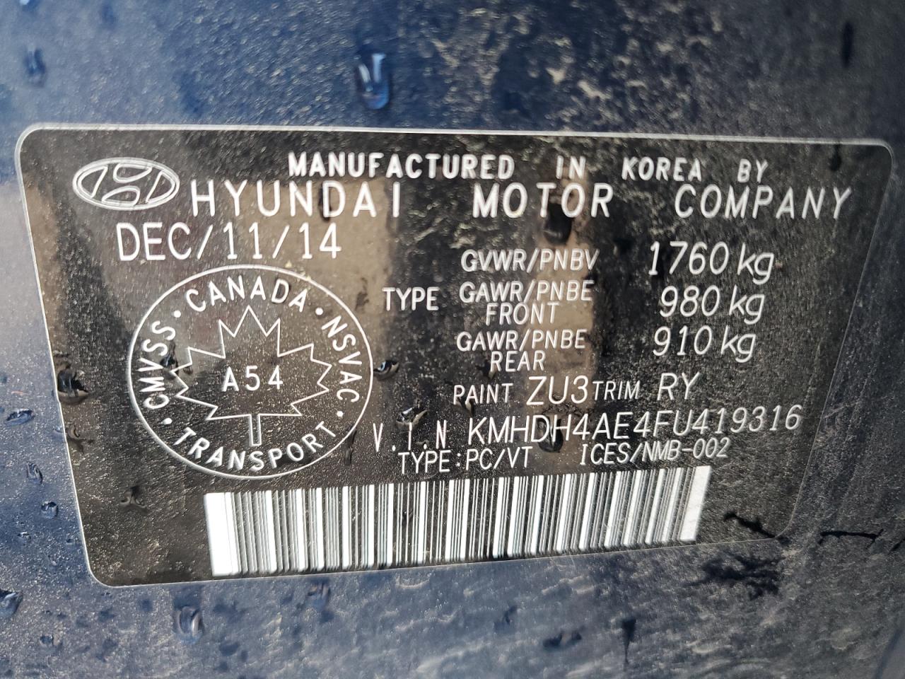2015 Hyundai Elantra Se VIN: KMHDH4AE4FU419316 Lot: 63284455