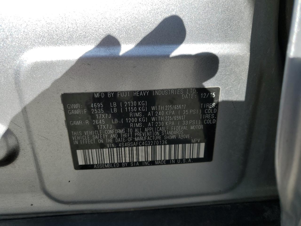 SUBARU OUTBACK 2016 VIN 4S4BSAFC4G3270136 photo 13