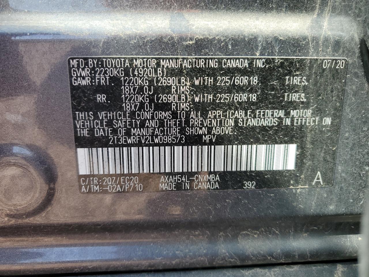 2020 Toyota Rav4 Xse VIN: 2T3EWRFV2LW098573 Lot: 62209075