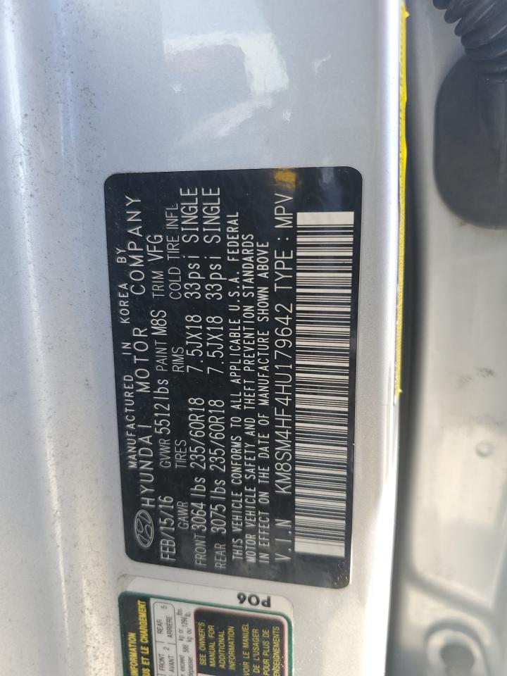 2017 Hyundai Santa Fe Se VIN: KM8SM4HF4HU179642 Lot: 62527235