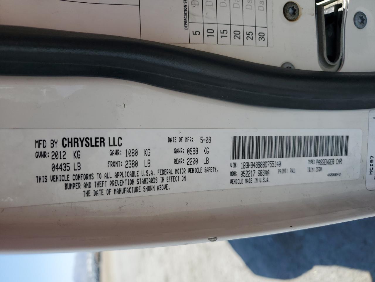 2008 Dodge Caliber Sxt VIN: 1B3HB48B88D755140 Lot: 62607335
