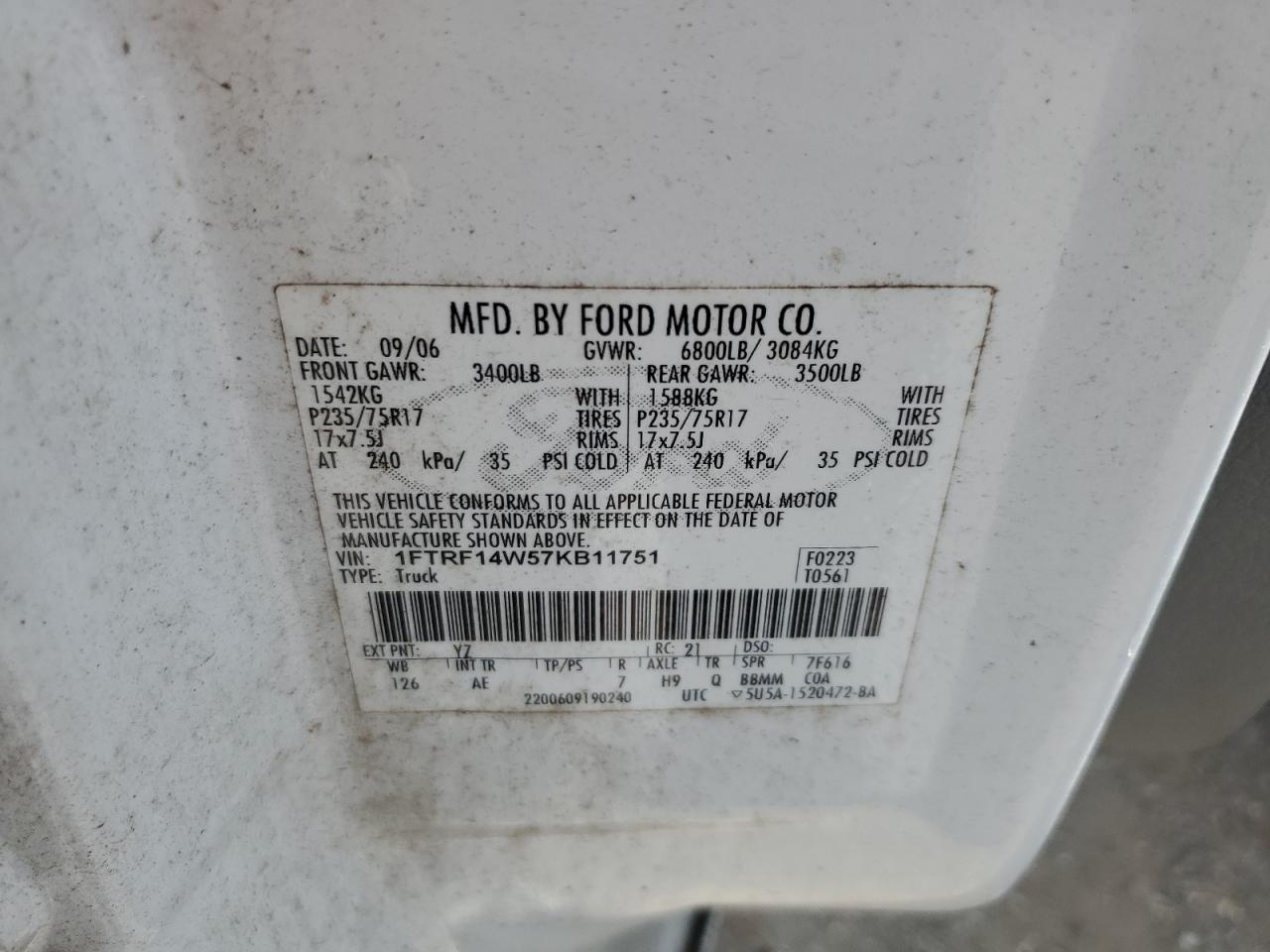 2007 Ford F150 VIN: 1FTRF14W57KB11751 Lot: 62639855