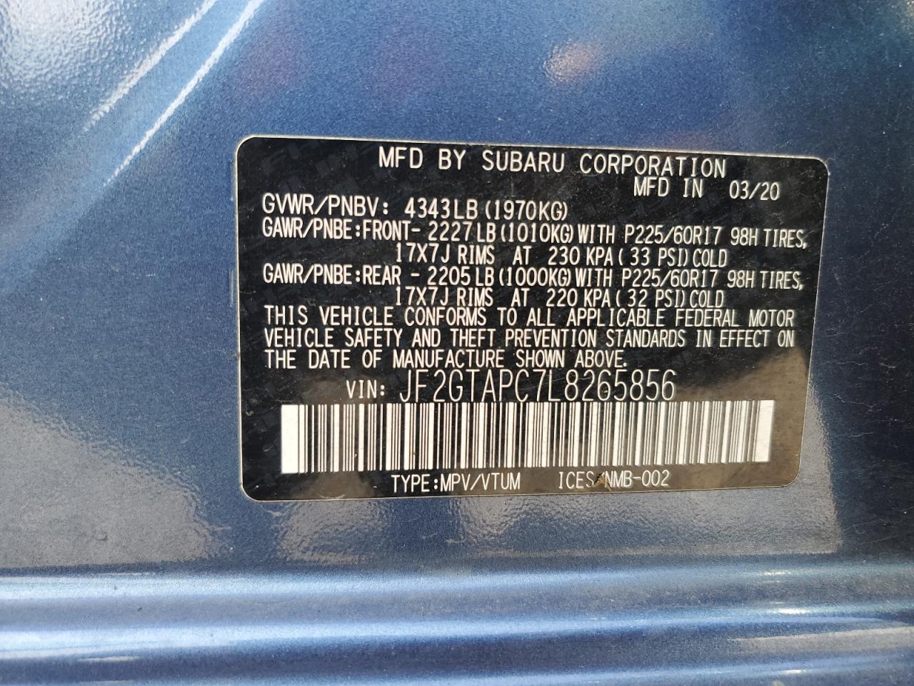 SUBARU CROSSTREK 2020 VIN JF2GTAPC7L8265856 photo 13
