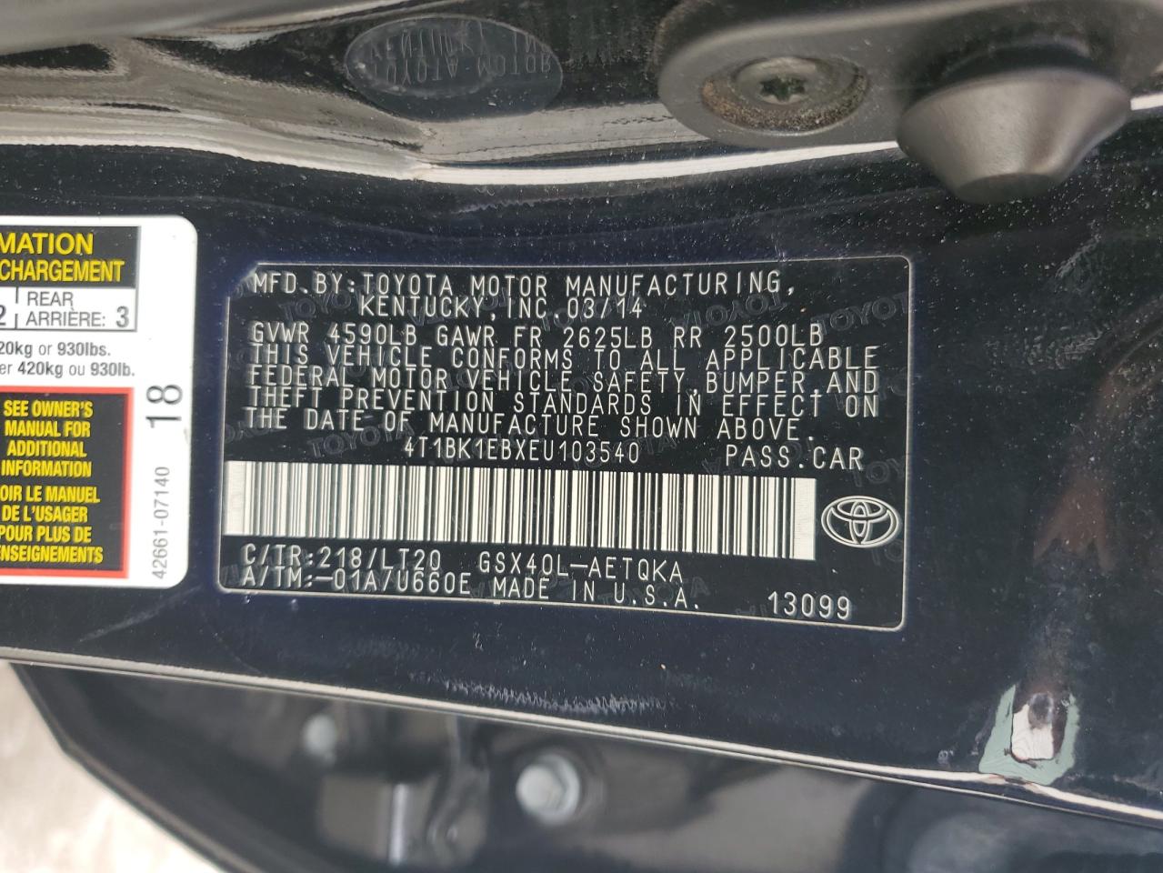 2014 Toyota Avalon Base VIN: 4T1BK1EBXEU103540 Lot: 60035225
