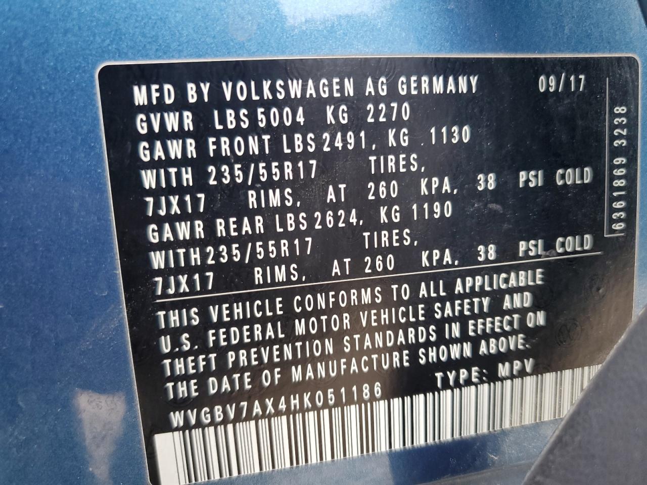 2017 Volkswagen Tiguan S VIN: WVGBV7AX4HK051186 Lot: 62704145