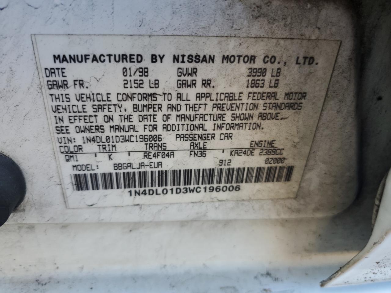 1998 Nissan Altima Xe VIN: 1N4DL01D3WC196006 Lot: 59928945