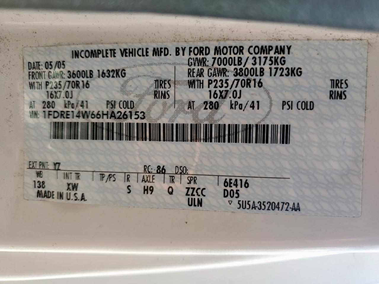 2006 Ford Econoline E150 Van VIN: 1FDRE14W66HA26153 Lot: 59239115