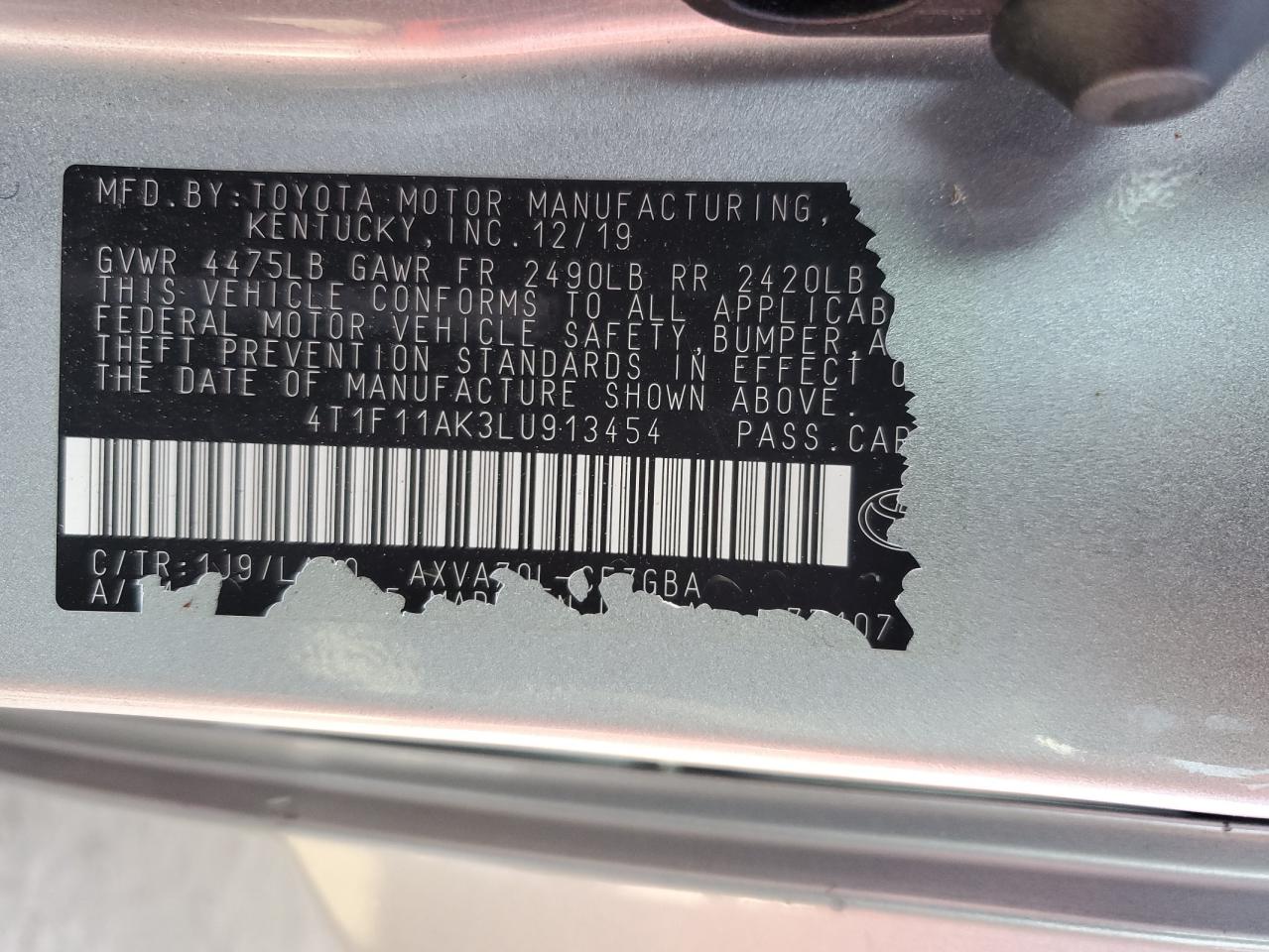 2020 Toyota Camry Xle VIN: 4T1F11AK3LU913454 Lot: 62261445