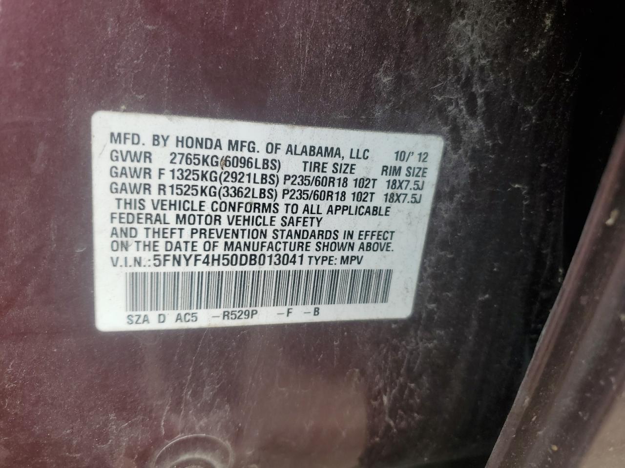 2013 Honda Pilot Exl VIN: 5FNYF4H50DB013041 Lot: 61490725