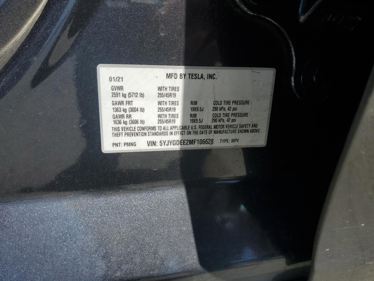 2021 Tesla Model Y VIN: 5YJYGDEE2MF106628 Lot: 62201765