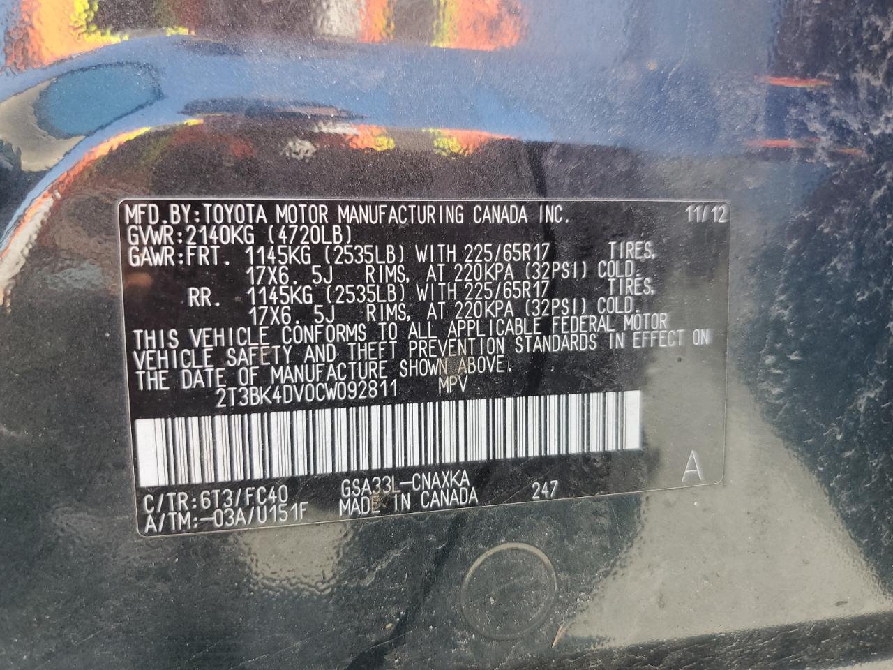 2012 Toyota Rav4 VIN: 2T3BK4DV0CW092811 Lot: 62302255