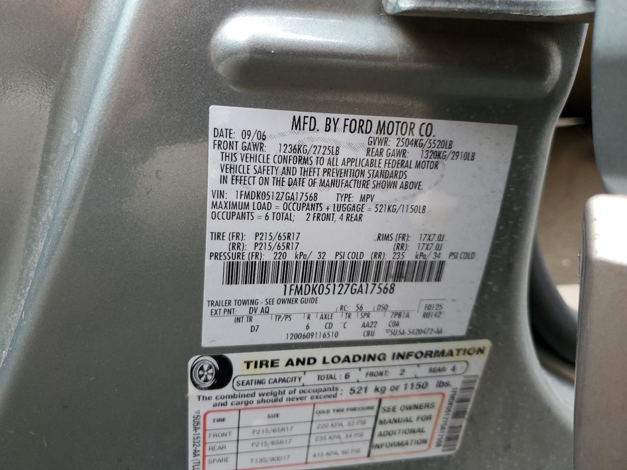 2007 Ford Freestyle Sel VIN: 1FMDK05127GA17568 Lot: 62196895