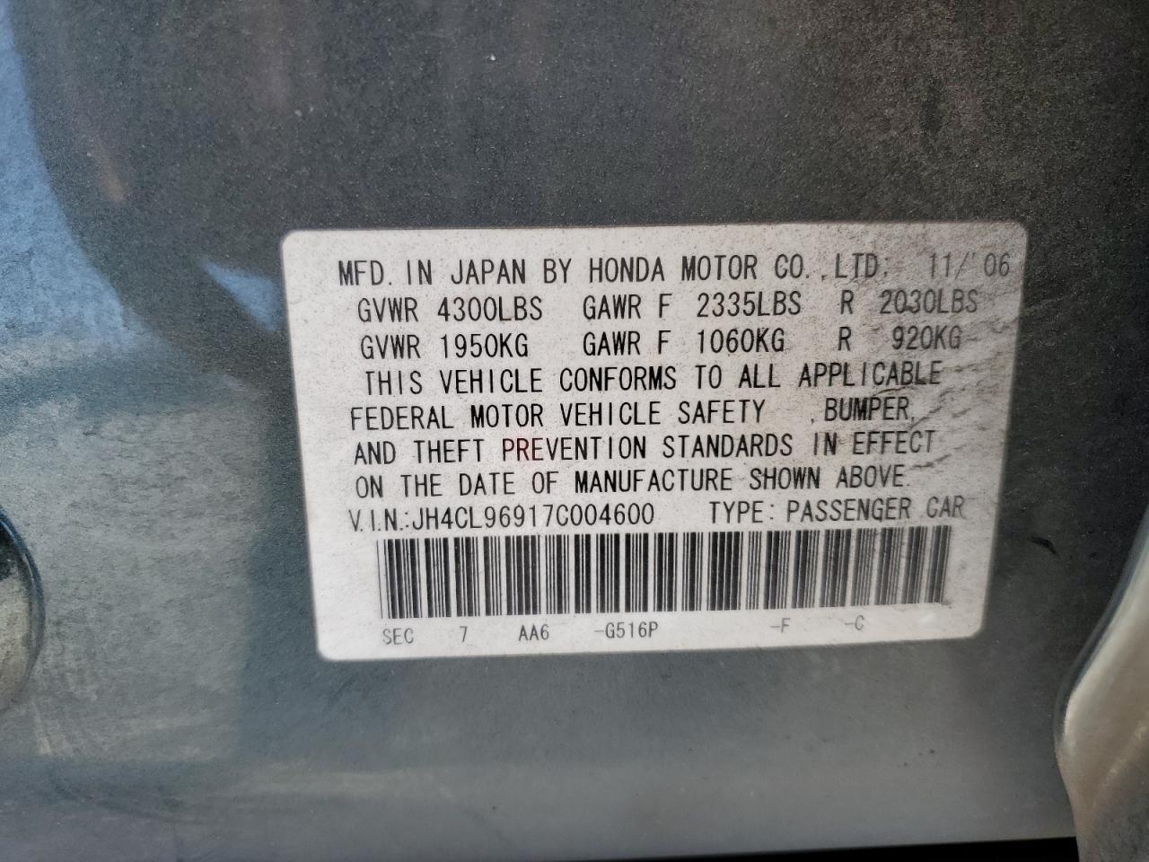 2007 Acura Tsx VIN: JH4CL96917C004600 Lot: 59988985