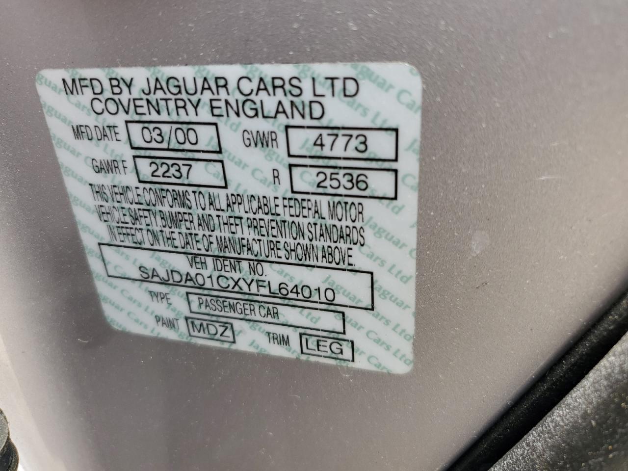 2000 Jaguar S-Type VIN: SAJDA01CXYFL64010 Lot: 60882695