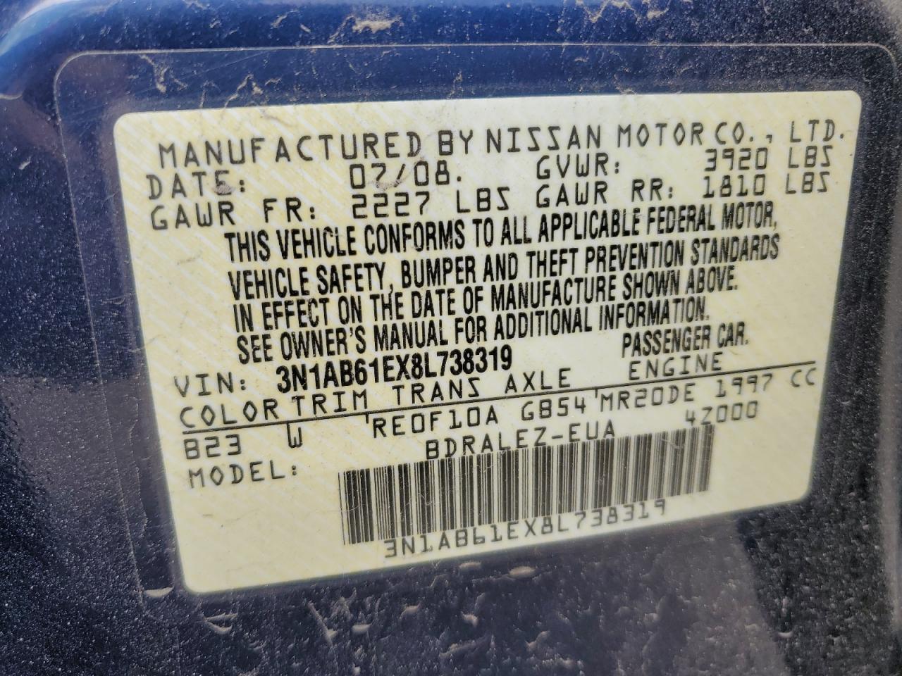 2008 Nissan Sentra 2.0 VIN: 3N1AB61EX8L738319 Lot: 61772325