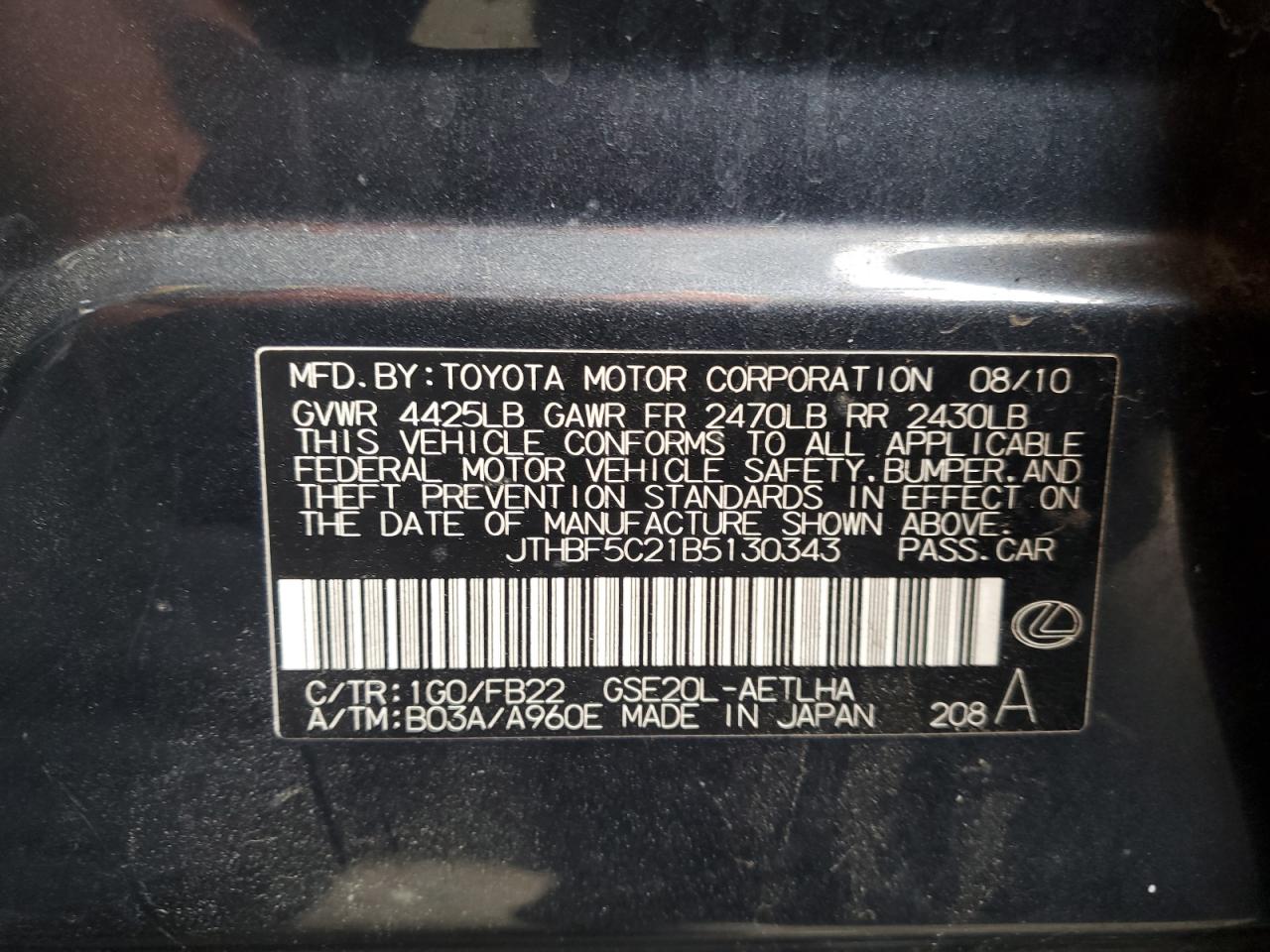 2011 Lexus Is 250 VIN: JTHBF5C21B5130343 Lot: 62505725