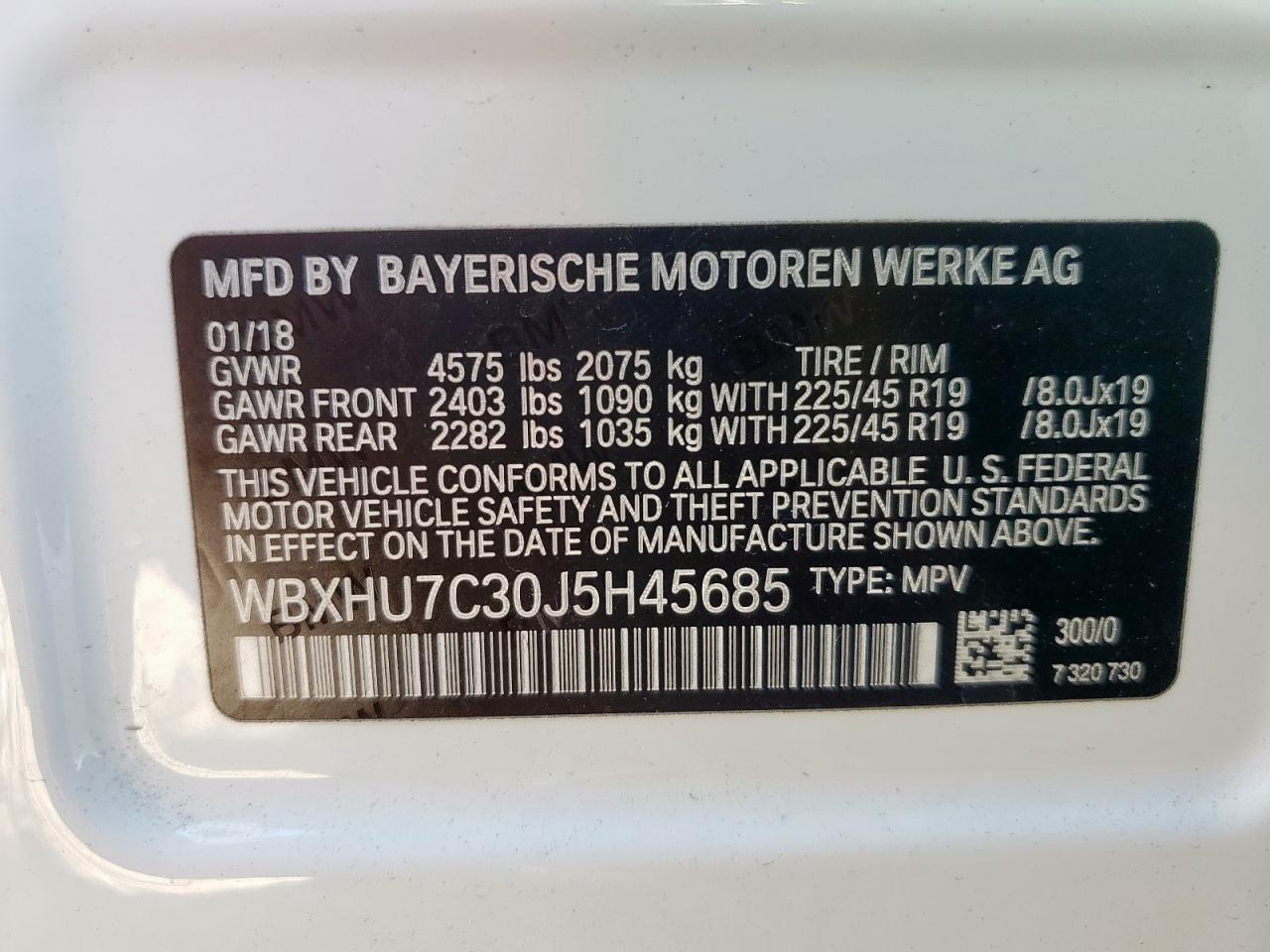 2018 BMW X1 Sdrive28I VIN: WBXHU7C30J5H45685 Lot: 59730235