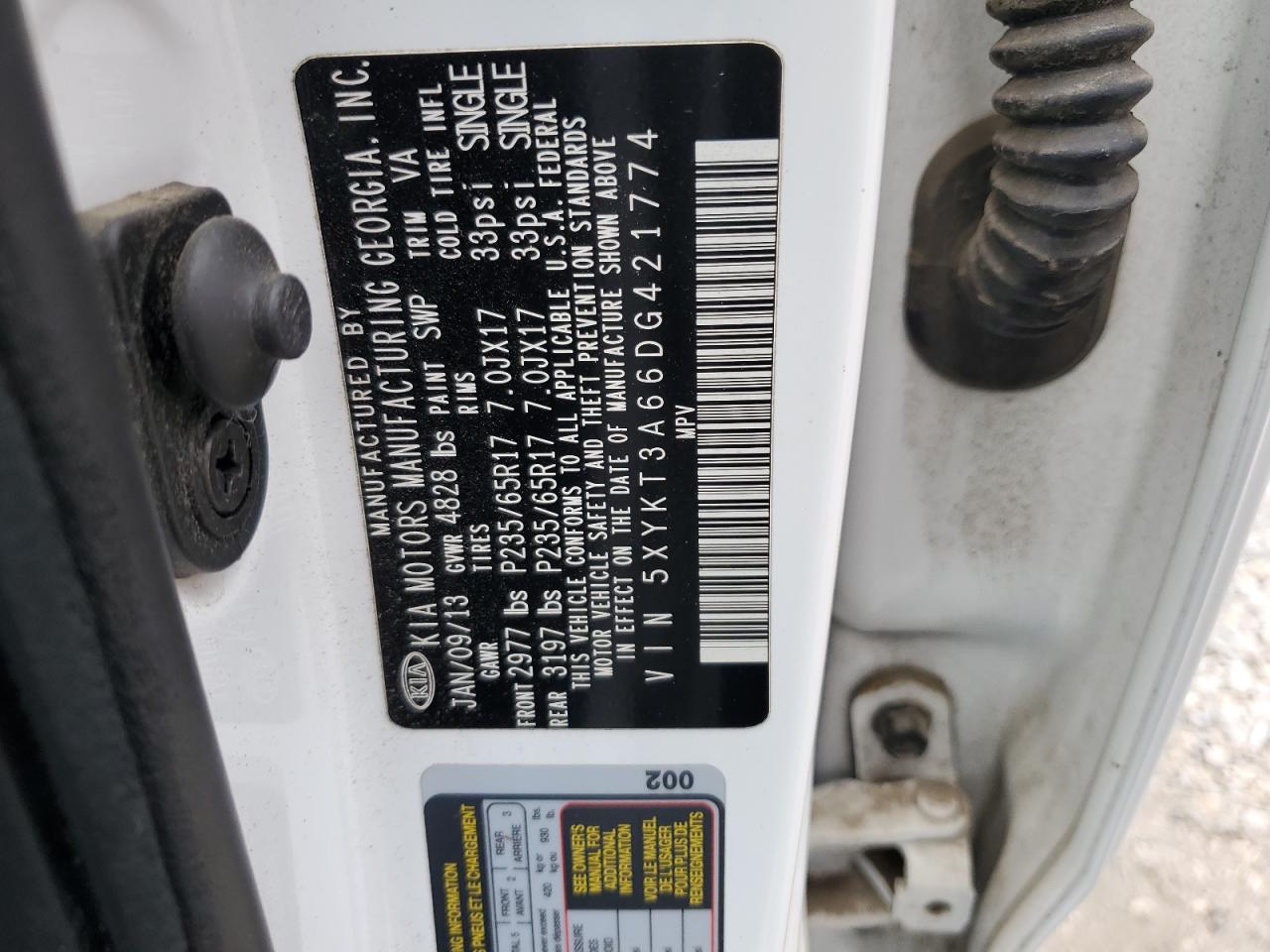 2013 Kia Sorento Lx VIN: 5XYKT3A66DG421774 Lot: 61574785