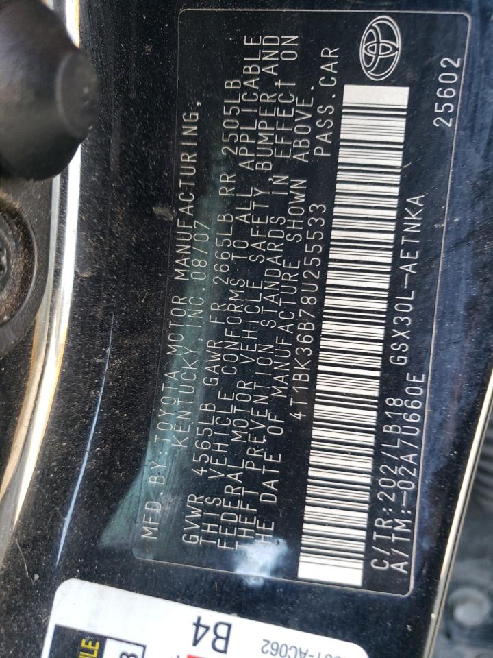 TOYOTA AVALON 2008 VIN 4T1BK36B78U255533 фото 12