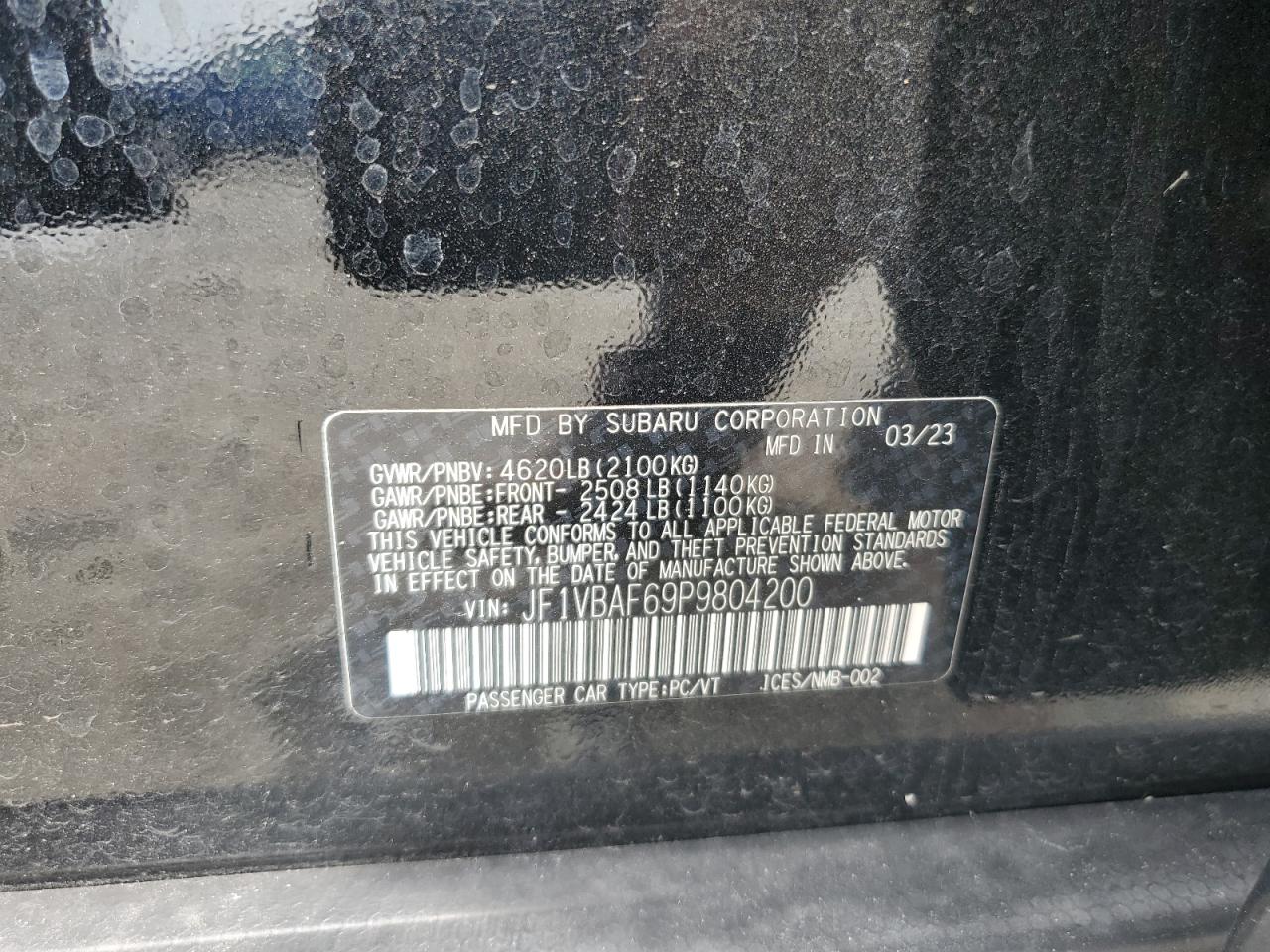 2023 Subaru Wrx Premium VIN: JF1VBAF69P9804200 Lot: 59636425