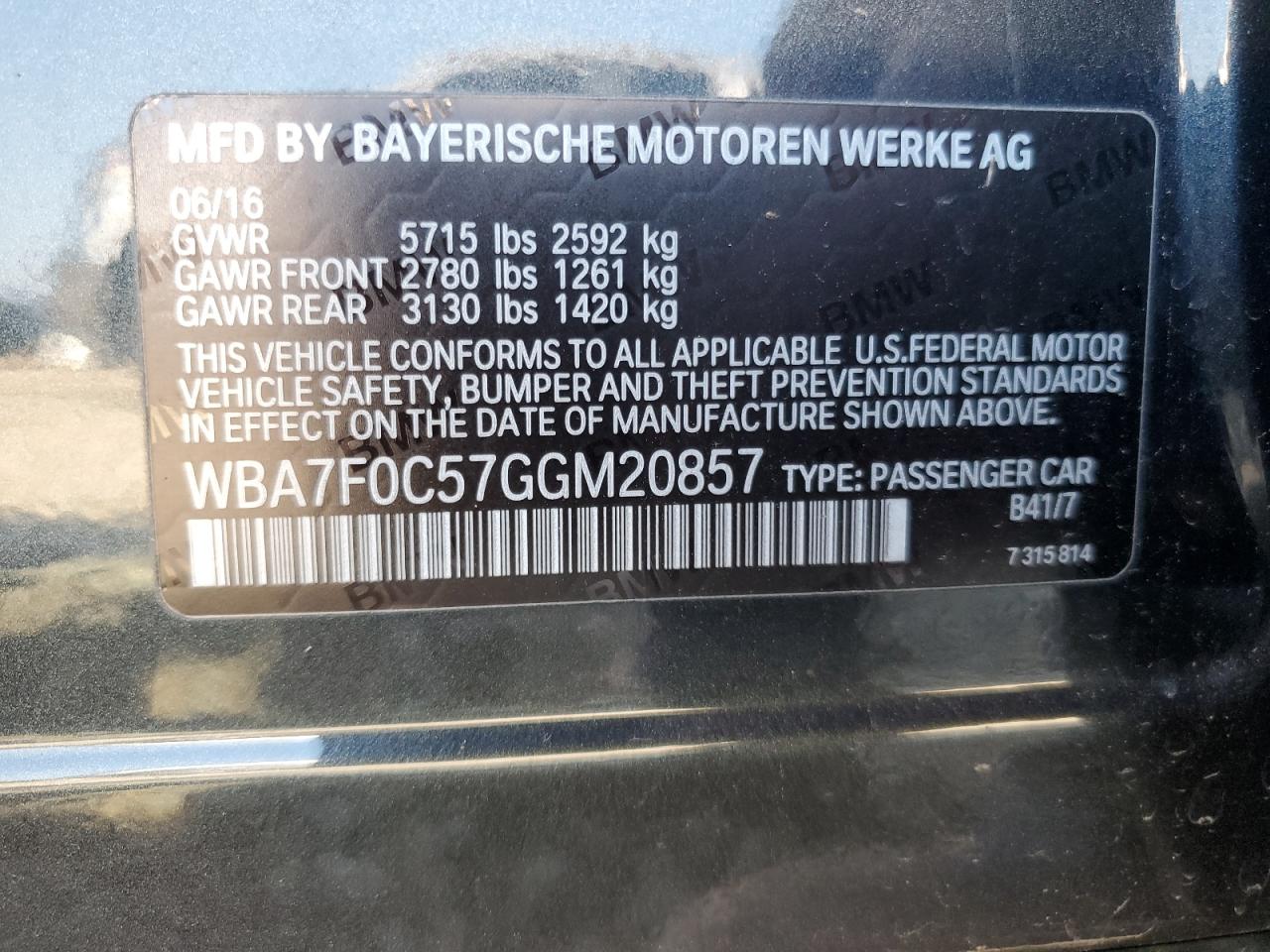 2016 BMW 750 I VIN: WBA7F0C57GGM20857 Lot: 61143845