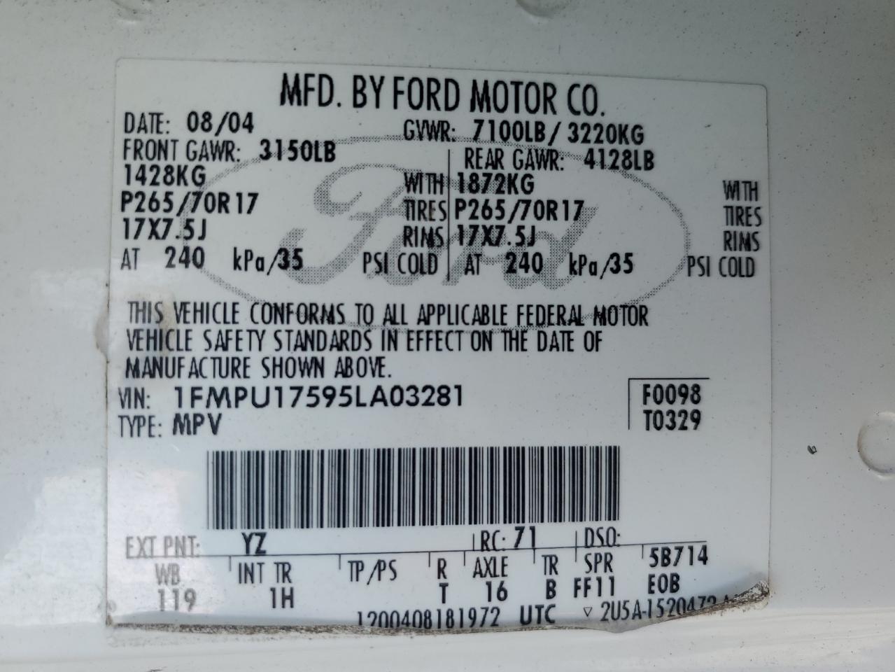 2005 Ford Expedition Eddie Bauer VIN: 1FMPU17595LA03281 Lot: 59534925