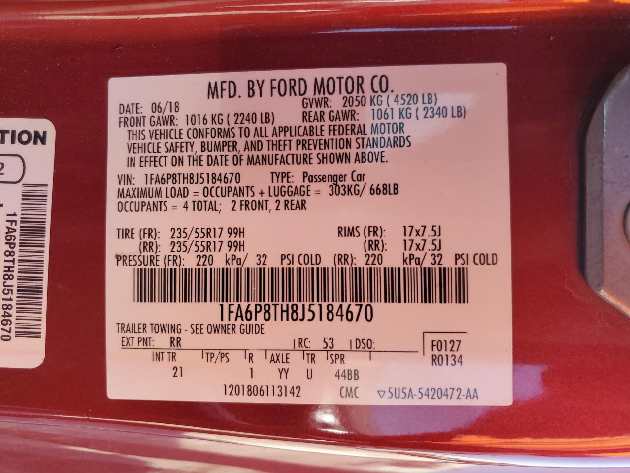 2018 Ford Mustang VIN: 1FA6P8TH8J5184670 Lot: 61280495