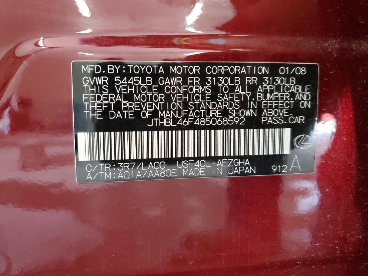 2008 Lexus Ls 460 VIN: JTHBL46F485068592 Lot: 60266575