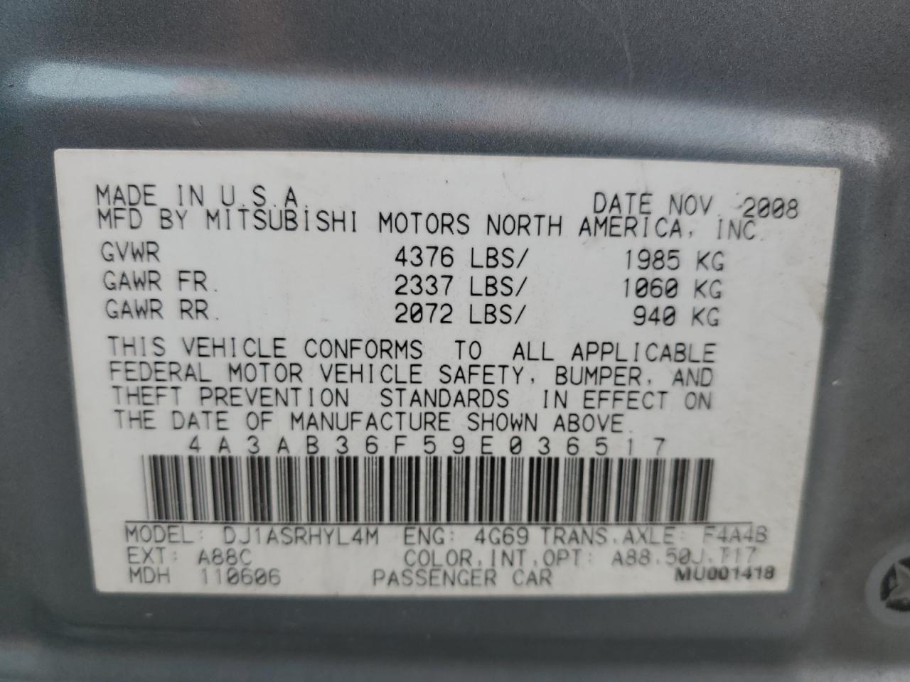 2009 Mitsubishi Galant Es VIN: 4A3AB36F59E036517 Lot: 61134035