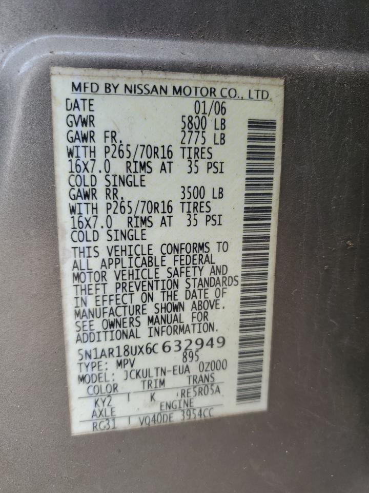 2006 Nissan Pathfinder Le VIN: 5N1AR18UX6C632949 Lot: 61597695