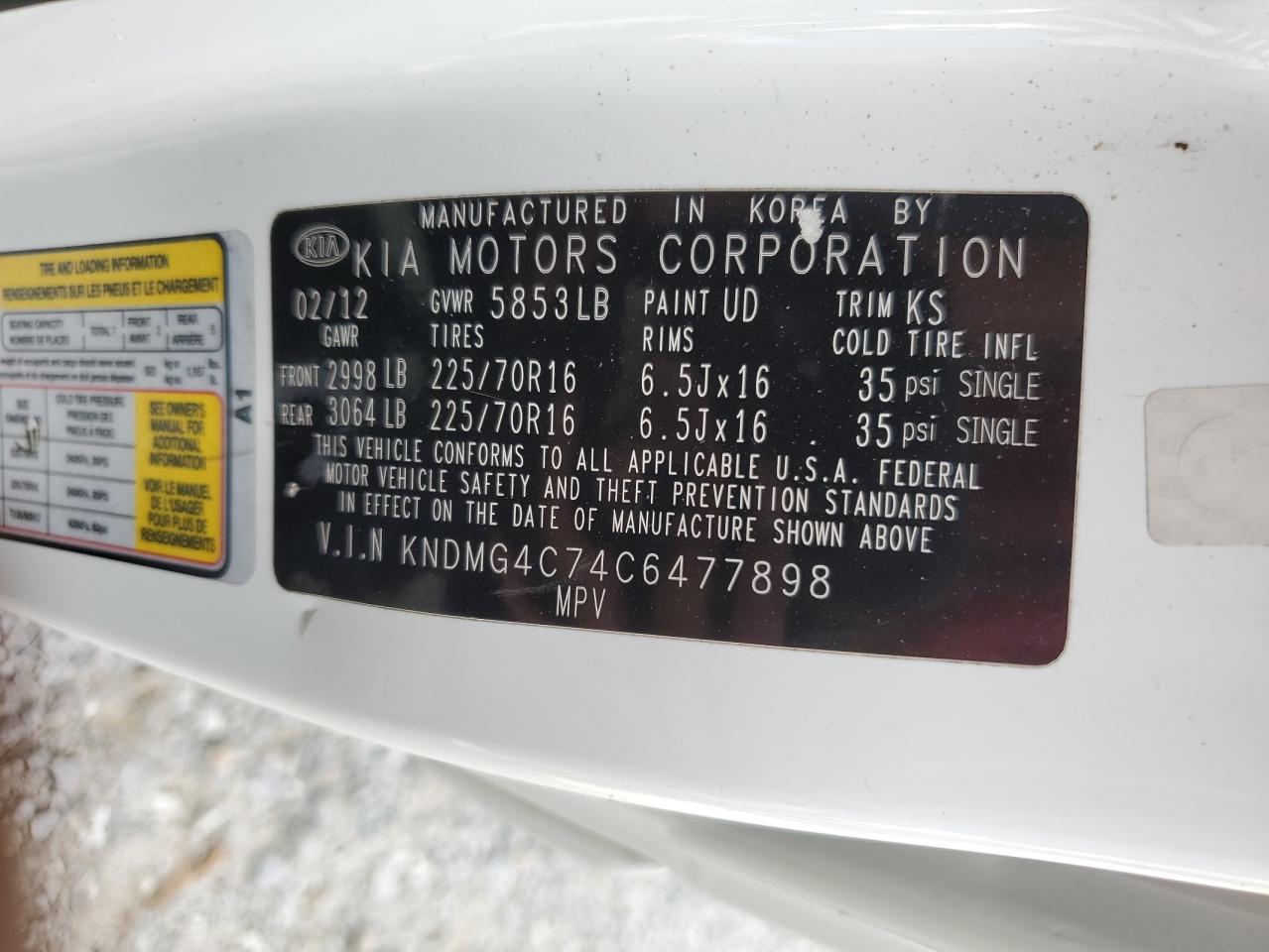2012 Kia Sedona Lx VIN: KNDMG4C74C6477898 Lot: 61295925