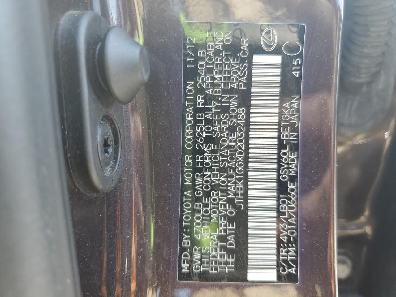 2013 Lexus Es 350 VIN: JTHBK1GGXD2032488 Lot: 62575545