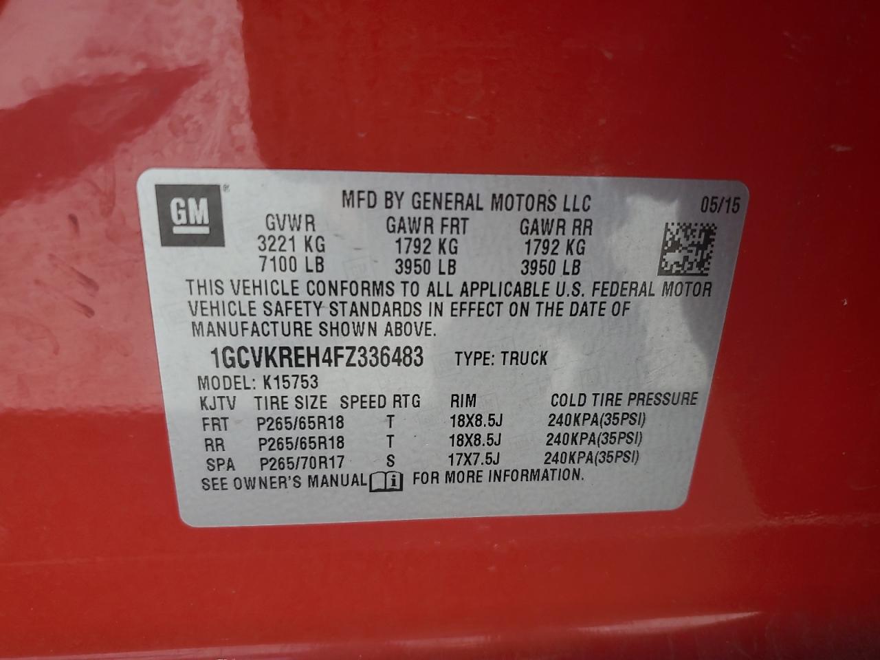 2015 Chevrolet Silverado K1500 Lt VIN: 1GCVKREH4FZ336483 Lot: 62584165