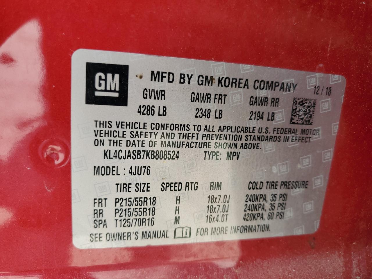2019 Buick Encore Preferred VIN: KL4CJASB7KB808524 Lot: 62277895