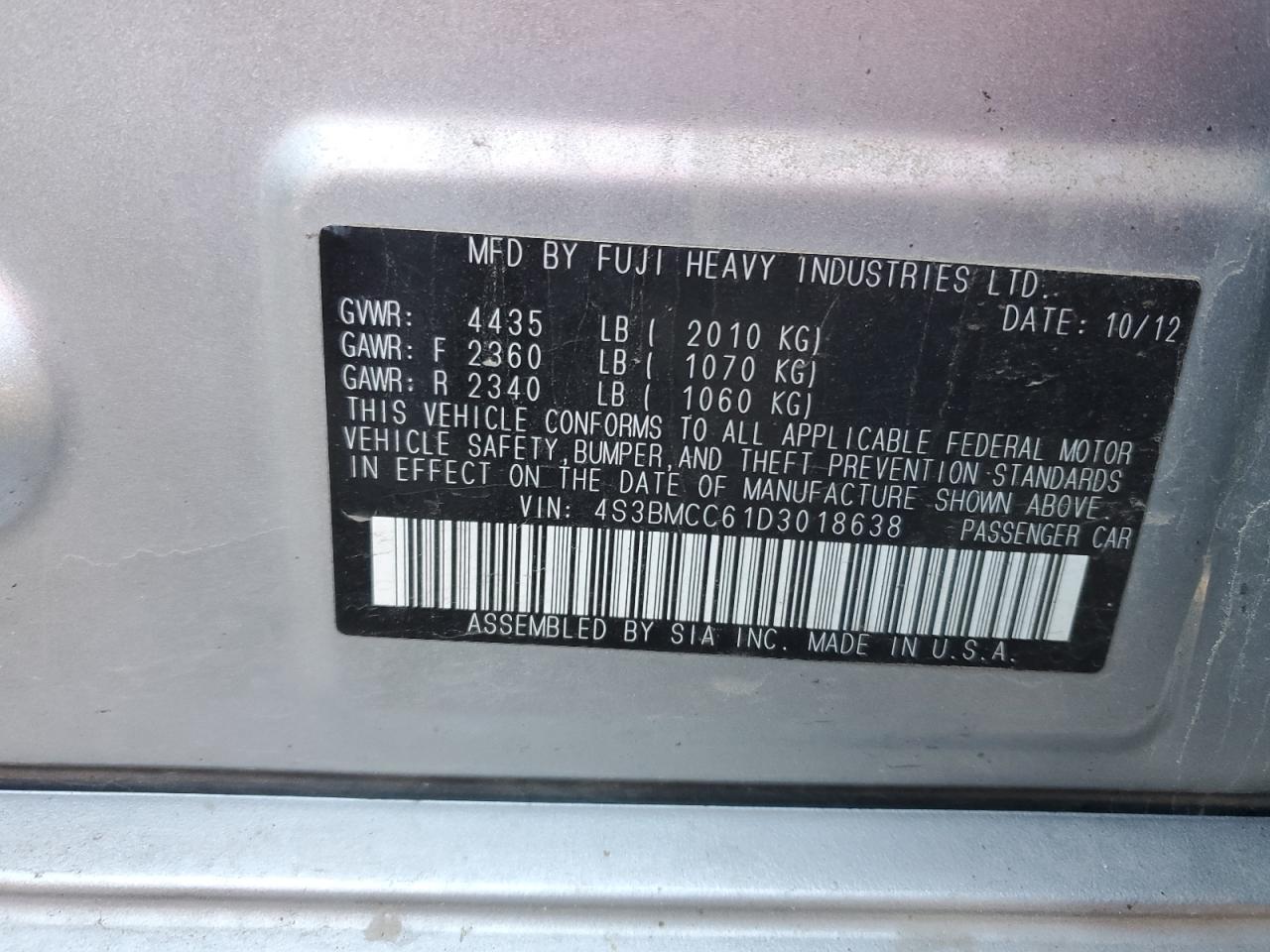 2013 Subaru Legacy 2.5I Premium VIN: 4S3BMCC61D3018638 Lot: 60968095