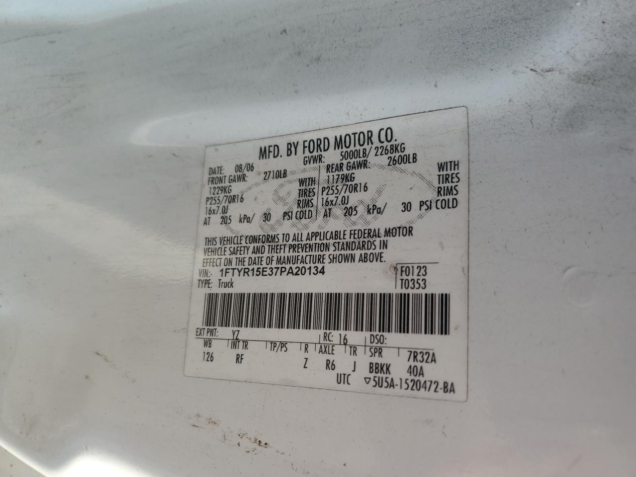 2007 Ford Ranger Super Cab VIN: 1FTYR15E37PA20134 Lot: 62822965
