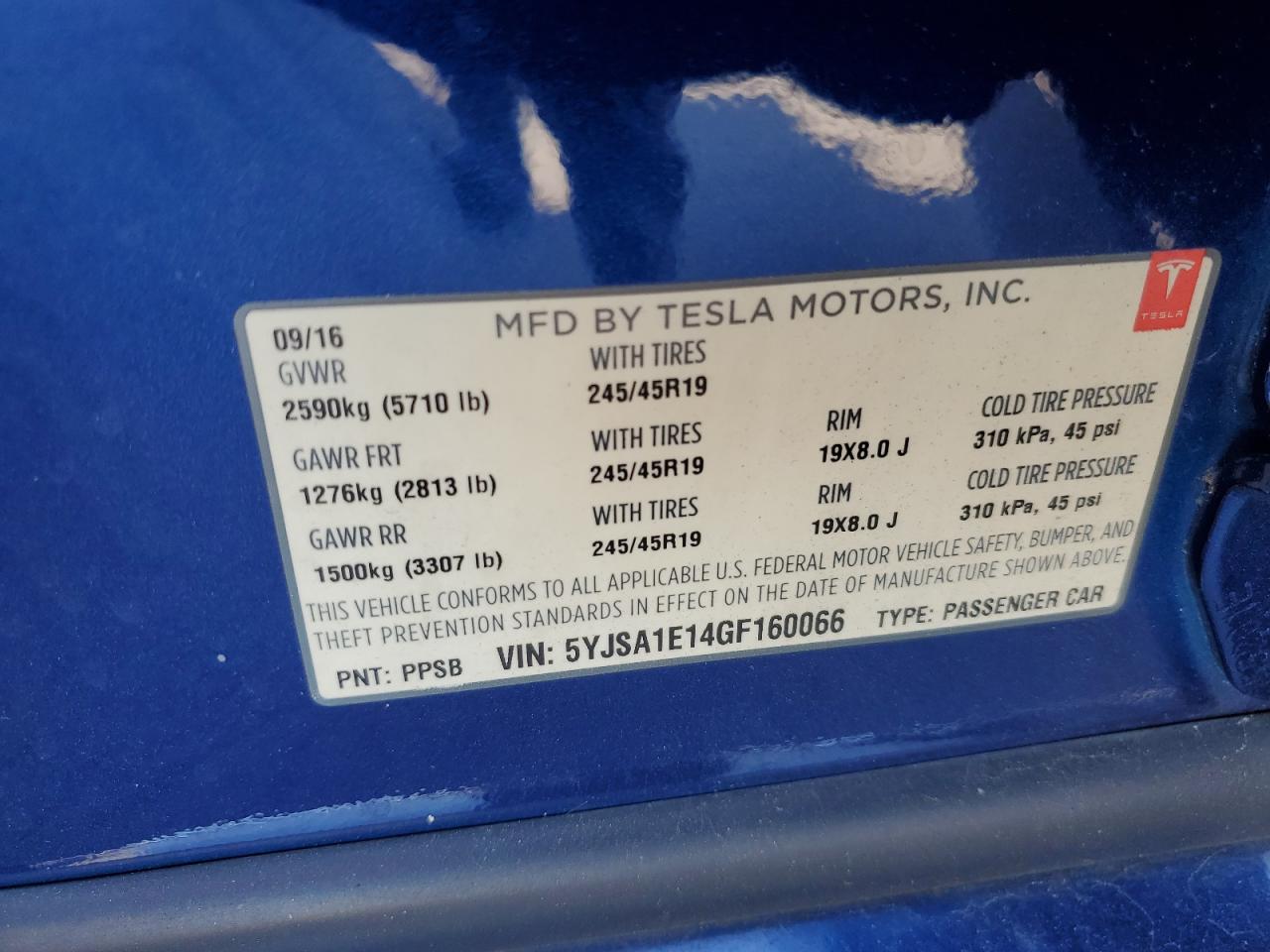 2016 Tesla Model S VIN: 5YJSA1E14GF160066 Lot: 62452545