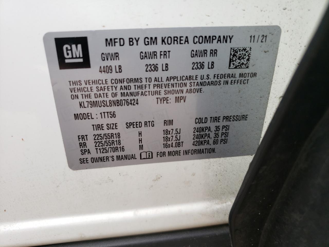 2022 Chevrolet Trailblazer Rs VIN: KL79MUSL8NB076424 Lot: 61053695