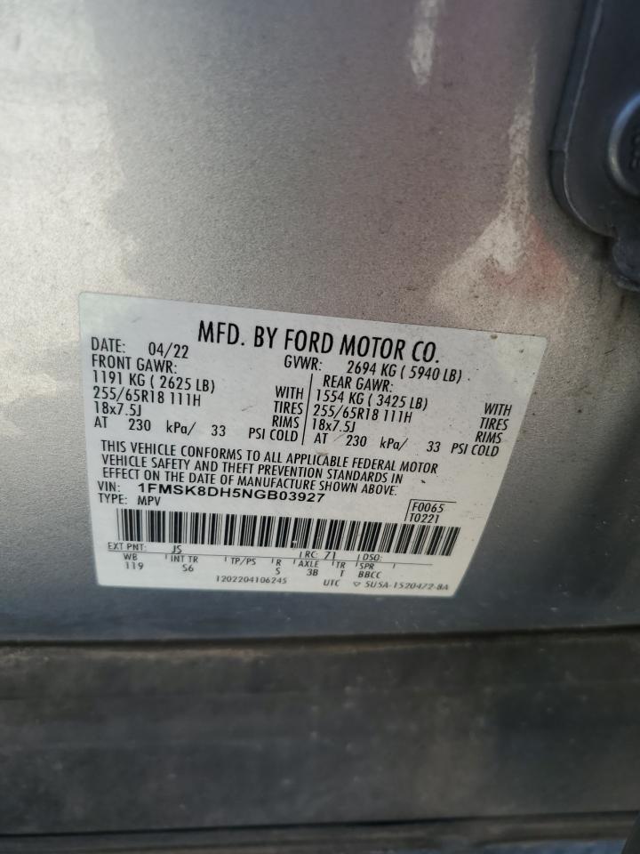 2022 Ford Explorer Xlt VIN: 1FMSK8DH5NGB03927 Lot: 61535815