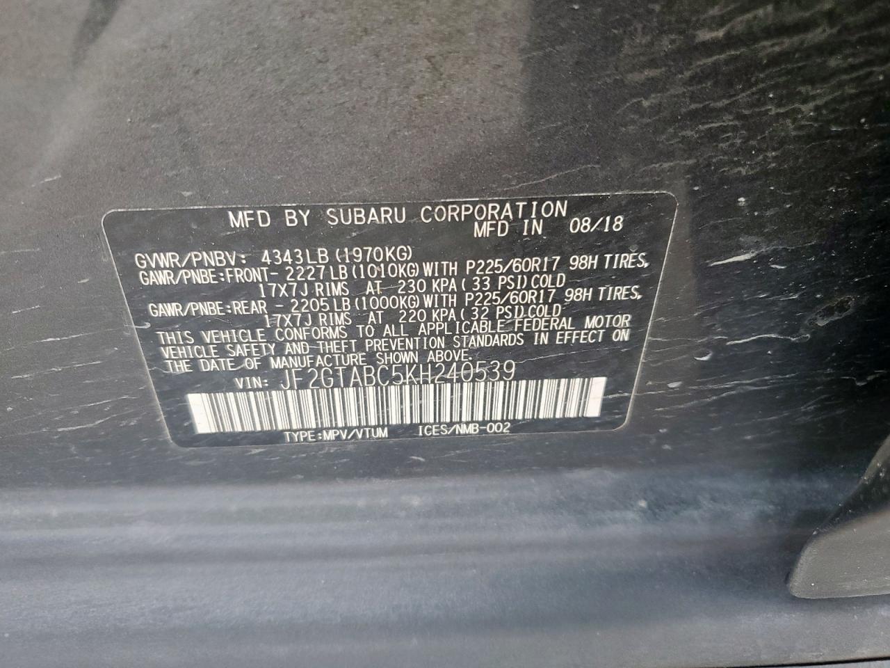 2019 Subaru Crosstrek VIN: JF2GTABC5KH240539 Lot: 61920805