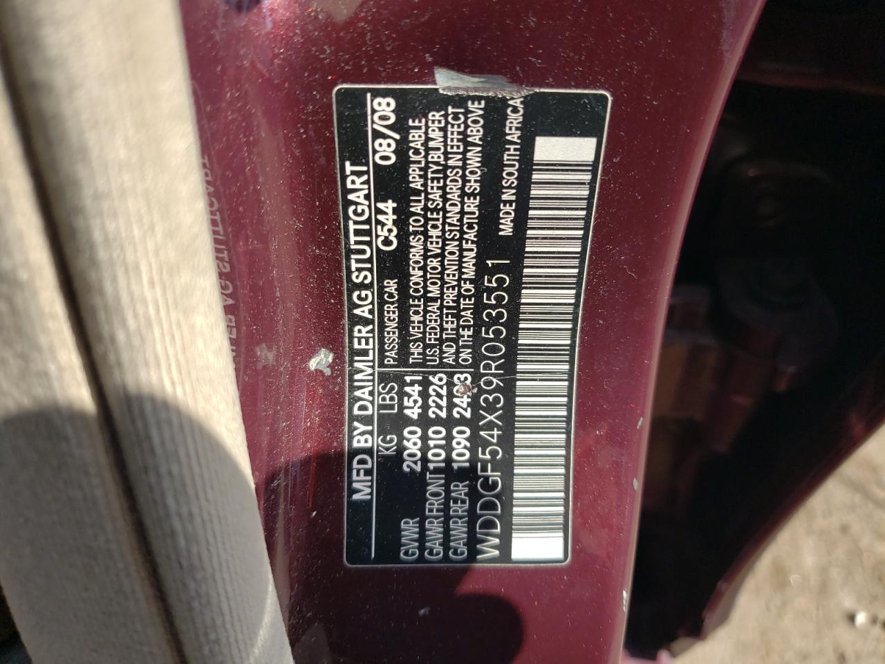 2009 Mercedes-Benz C 300 VIN: WDDGF54X39R053551 Lot: 62037465