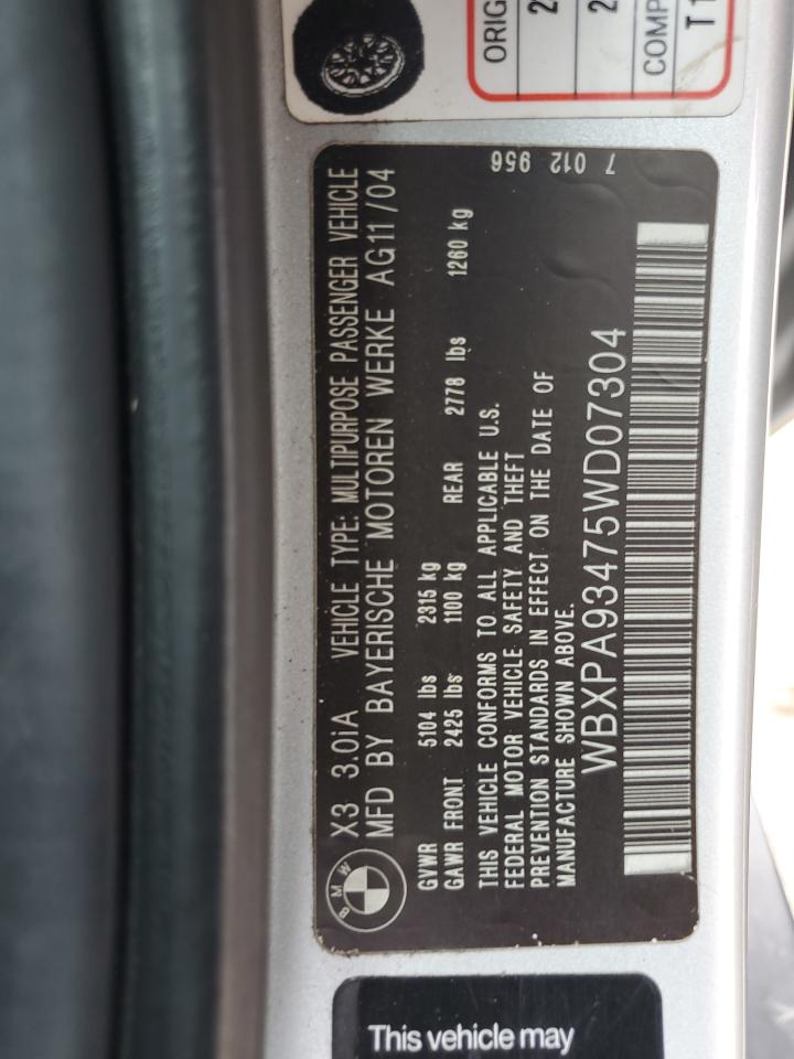 2005 BMW X3 3.0I VIN: WBXPA93475WD07304 Lot: 62657495