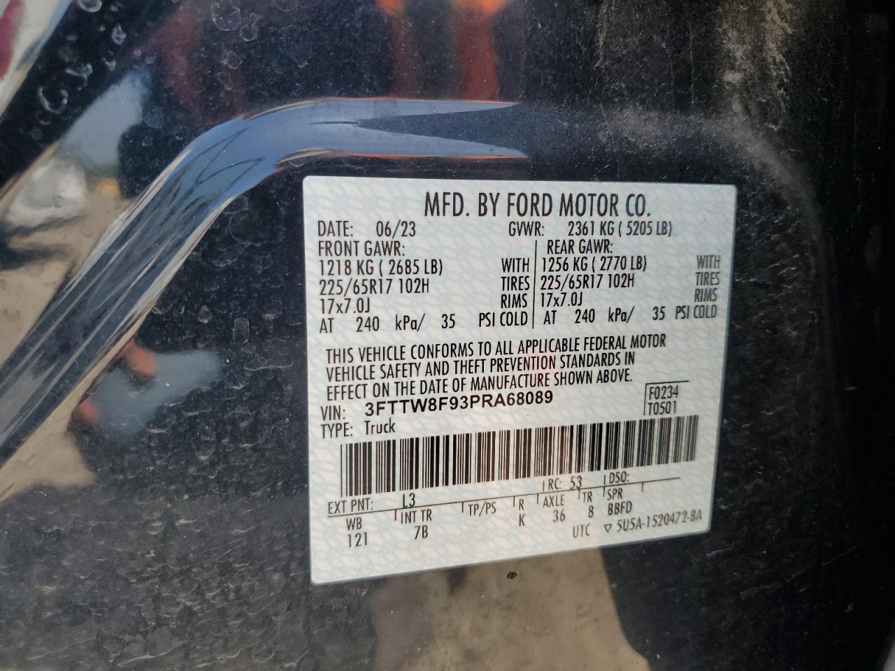 2023 Ford Maverick Xl VIN: 3FTTW8F93PRA68089 Lot: 60991985
