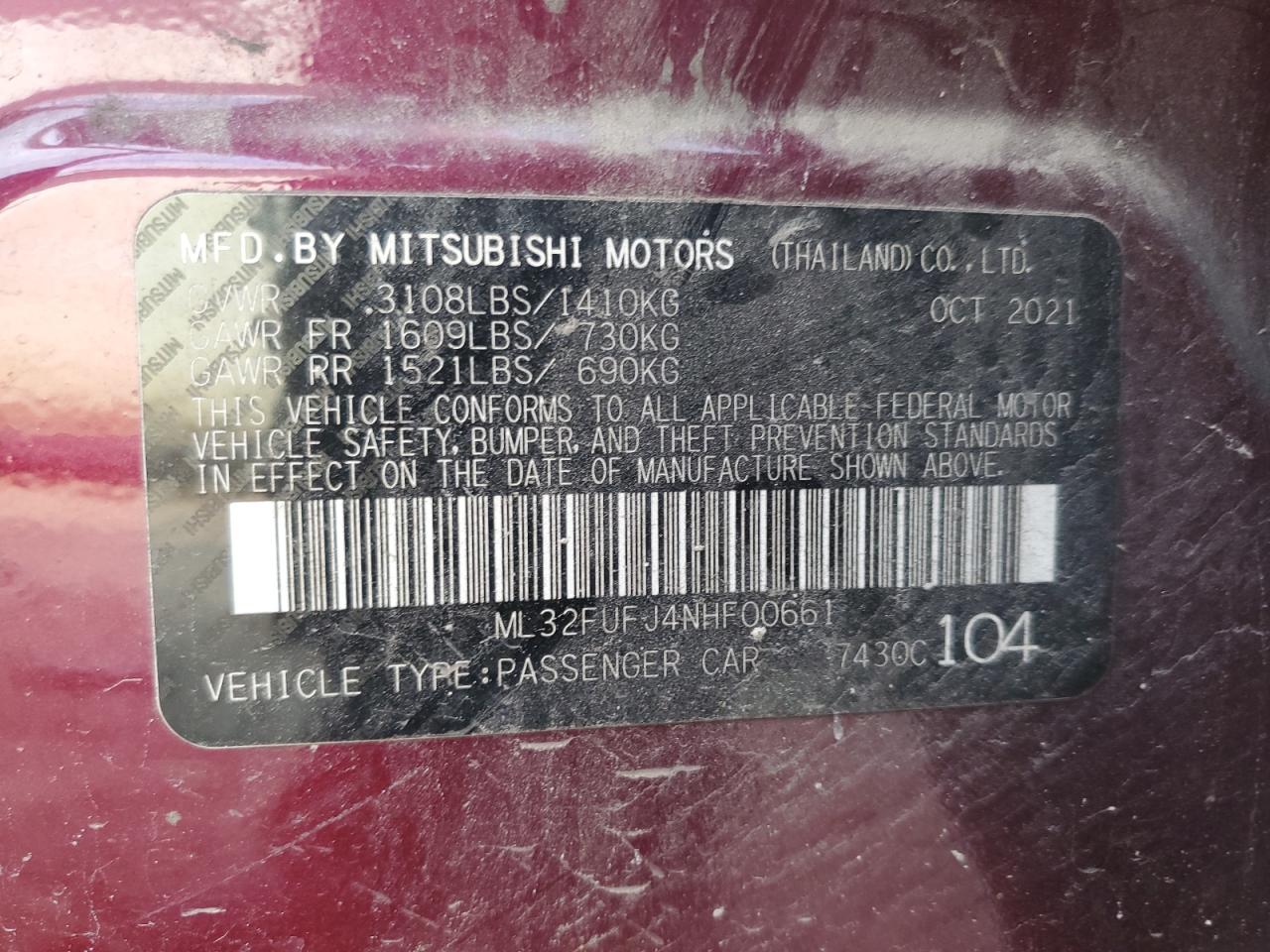 2022 Mitsubishi Mirage G4 Es VIN: ML32FUFJ4NHF00661 Lot: 62589525